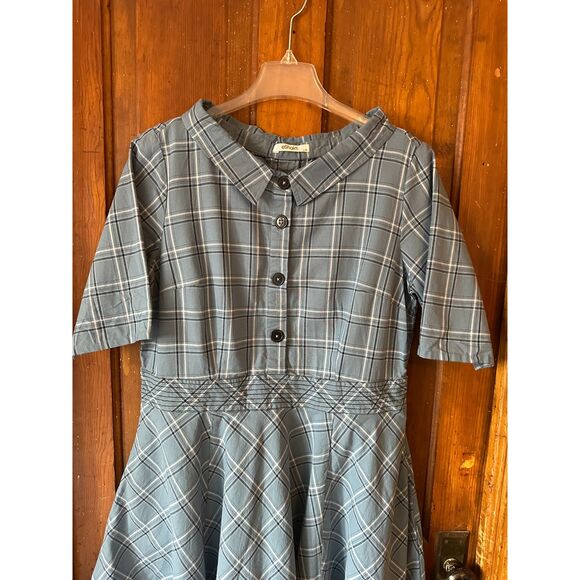 eShakti Blue Plaid 1940's 1950's Collared Neckline Fit & Flair Dress - Picture 7 of 14